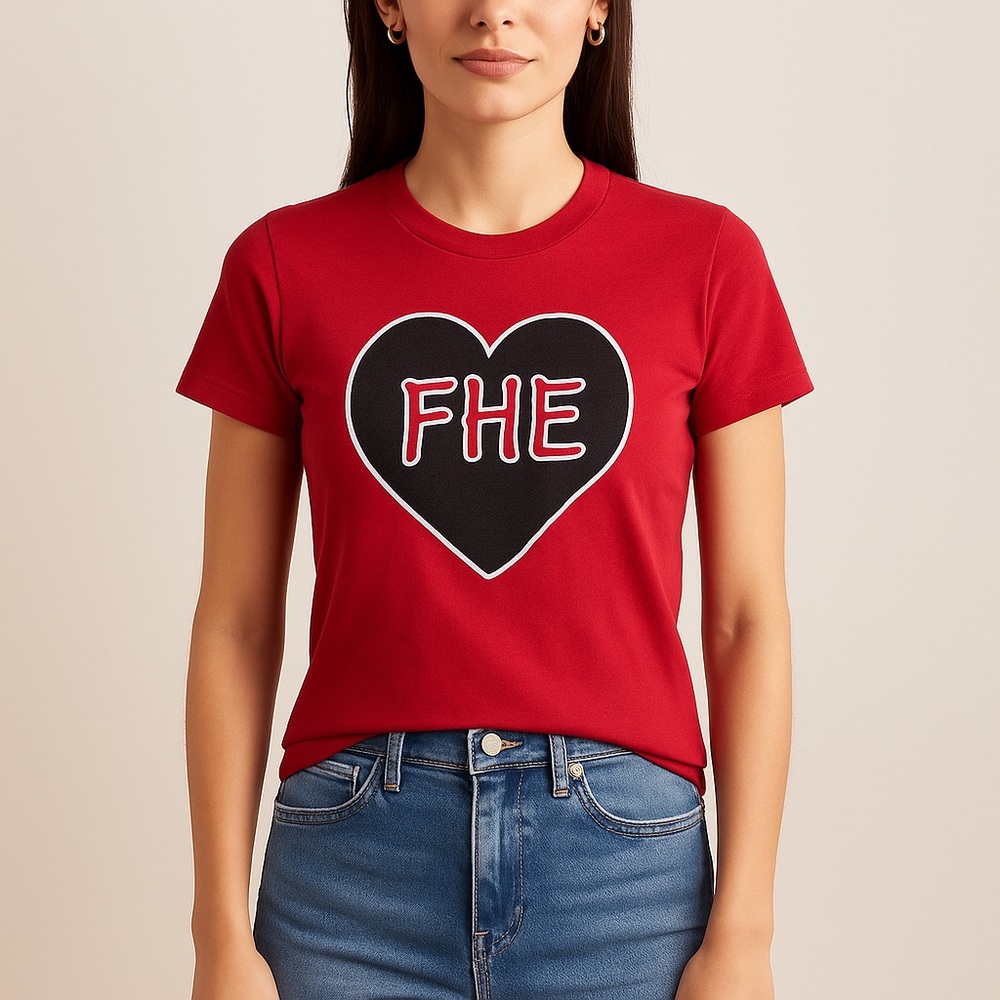 FHE Red Crewneck T-Shirt with Black Glitter Heart. Red XS X-Small